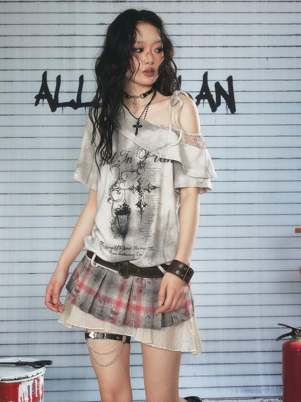 ALL iN plan Light Gray Spliced Print Asymmetric Women&