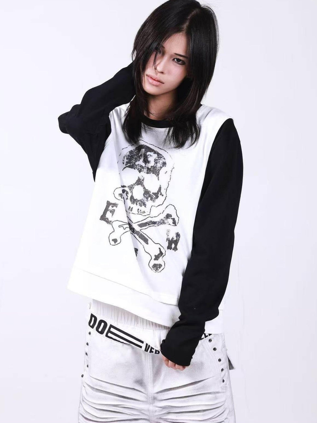 DETW onLine Skull Print Double Neck Contrast Women&