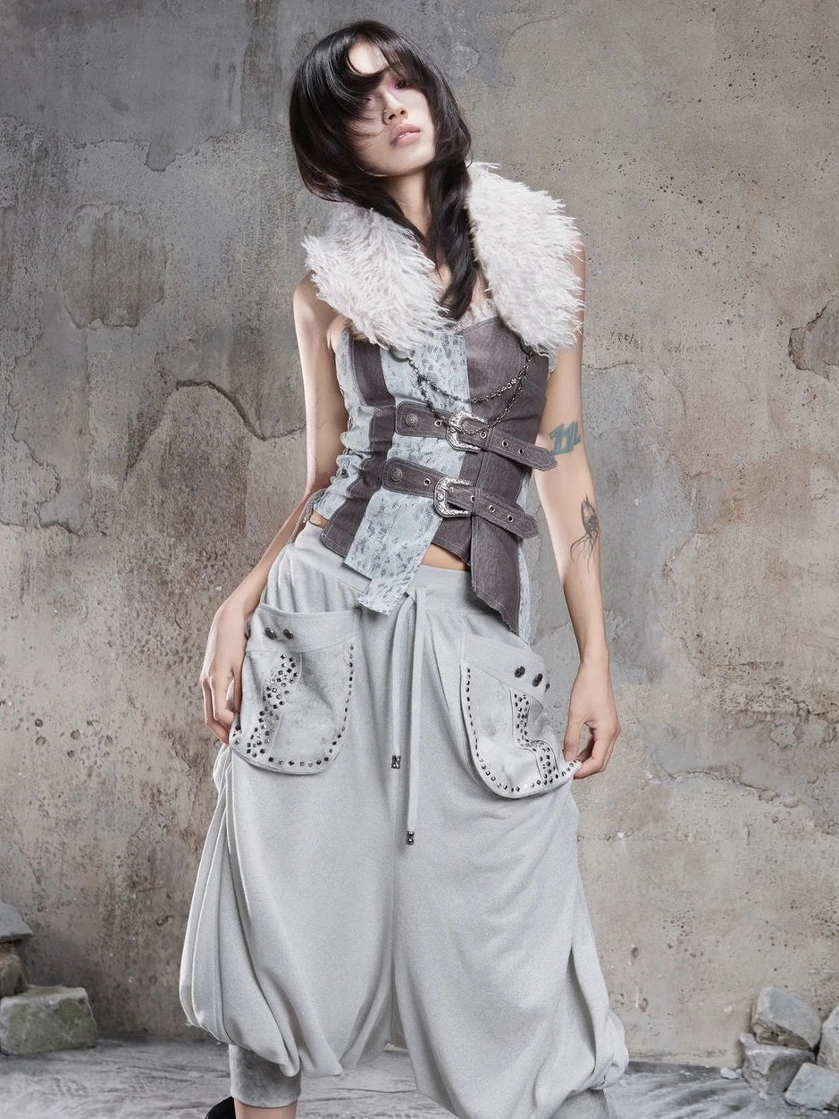 ARIADNAw Vintage Punk Detachable Fur Collar Scarf Belt Scarf