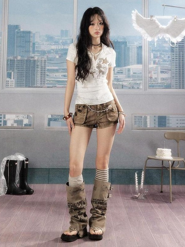 ALL iN plan Soft Stretch Cotton Blend Letter Print Cinched Waist A Line Sleeve Women T Shirt