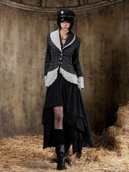 ARIADNAw Layered Gothic Aline Patchwork Midrise Black Beige Midi Skirt