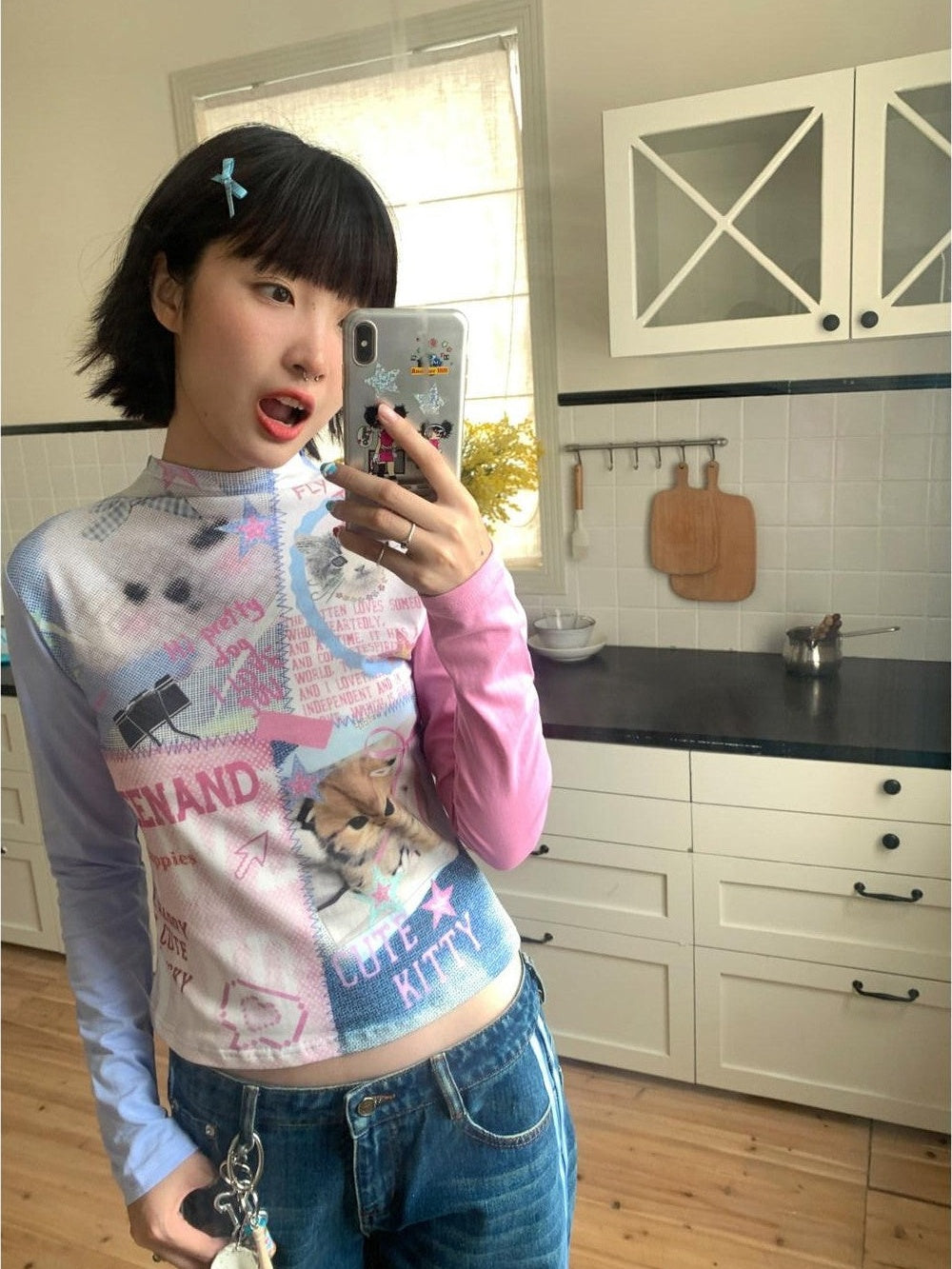 BETWEENAND Blue Pink Colorblock Cat And Dog Print Women&