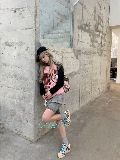 bae bi Retro Letter Leopard Print Raglan Colorblock Women&