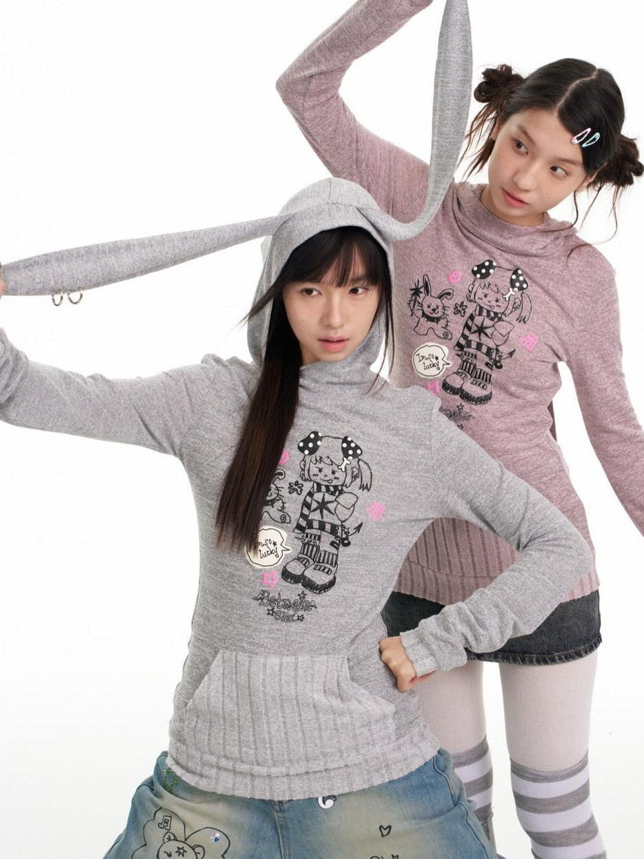 BETWEENAND Bunny Ear Hood Puff Print Straight Cut Women&