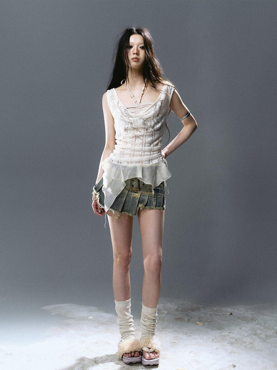 Cest Nous Beaded Printed Striped Asymmetrical Cutout Spliced Women&
