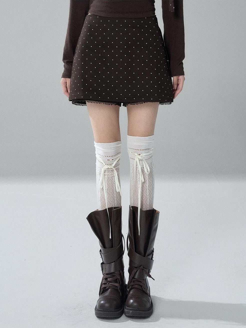 LADYGHOST Brown Polka Dot Lace Print Bodycon Women&