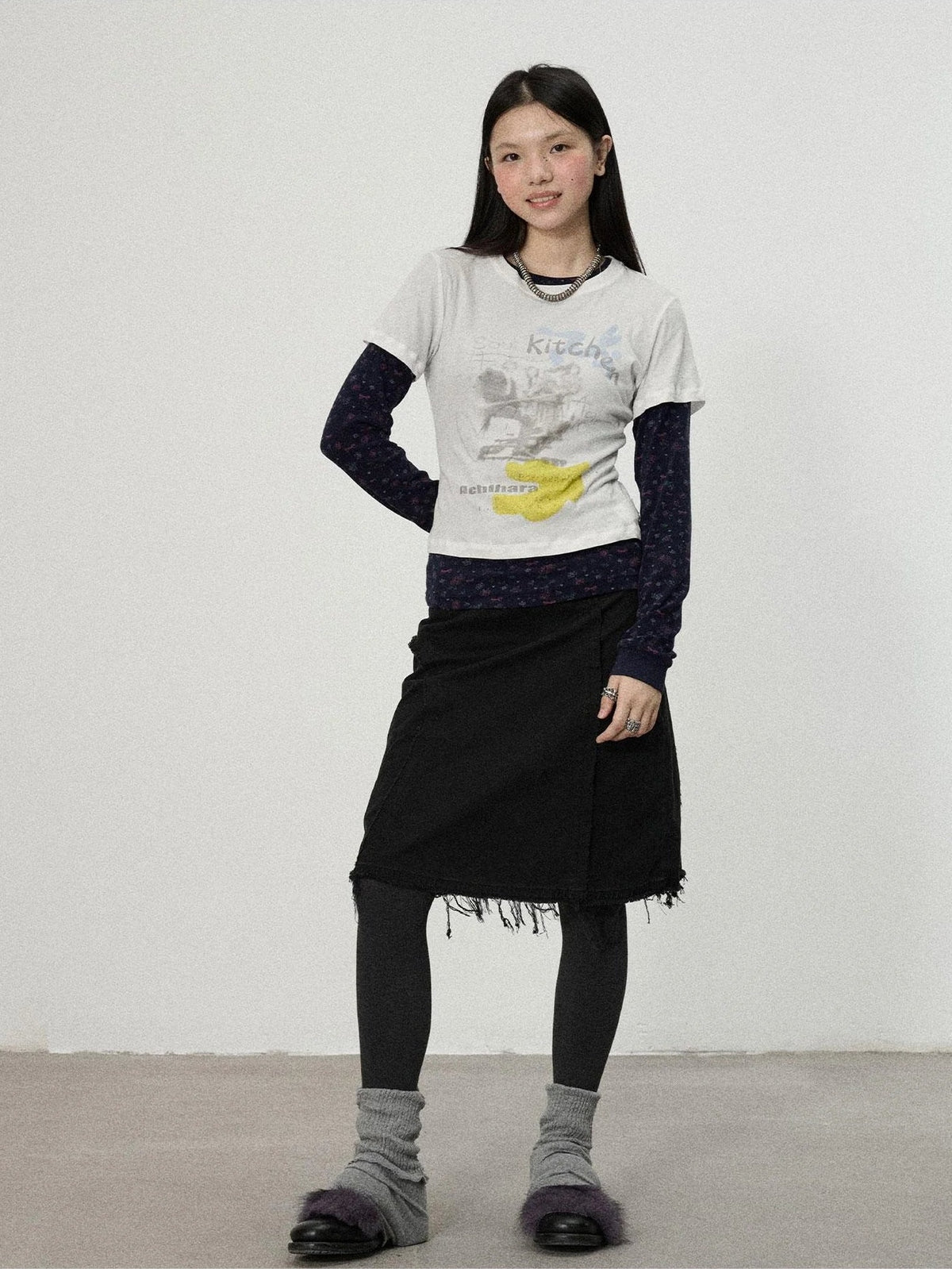 Achihara Two Piece Knit Set With Floral Print V-neck T-shirt Long Sleeve
