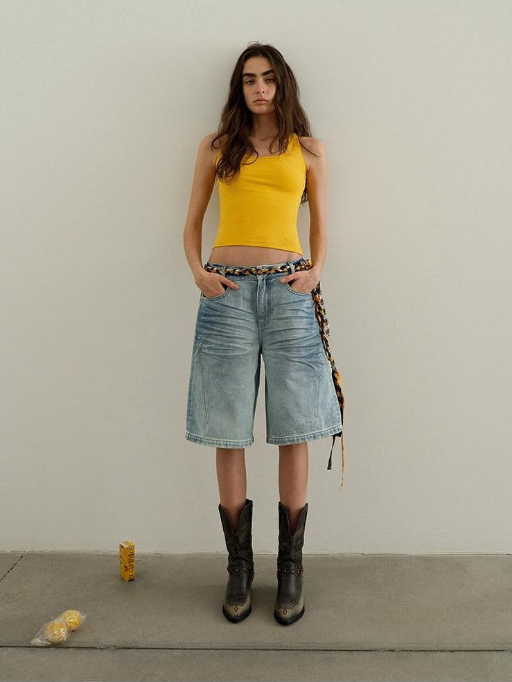 AFTADAWN Light Wash Whisker Distressed High Waist Wide Leg Women&