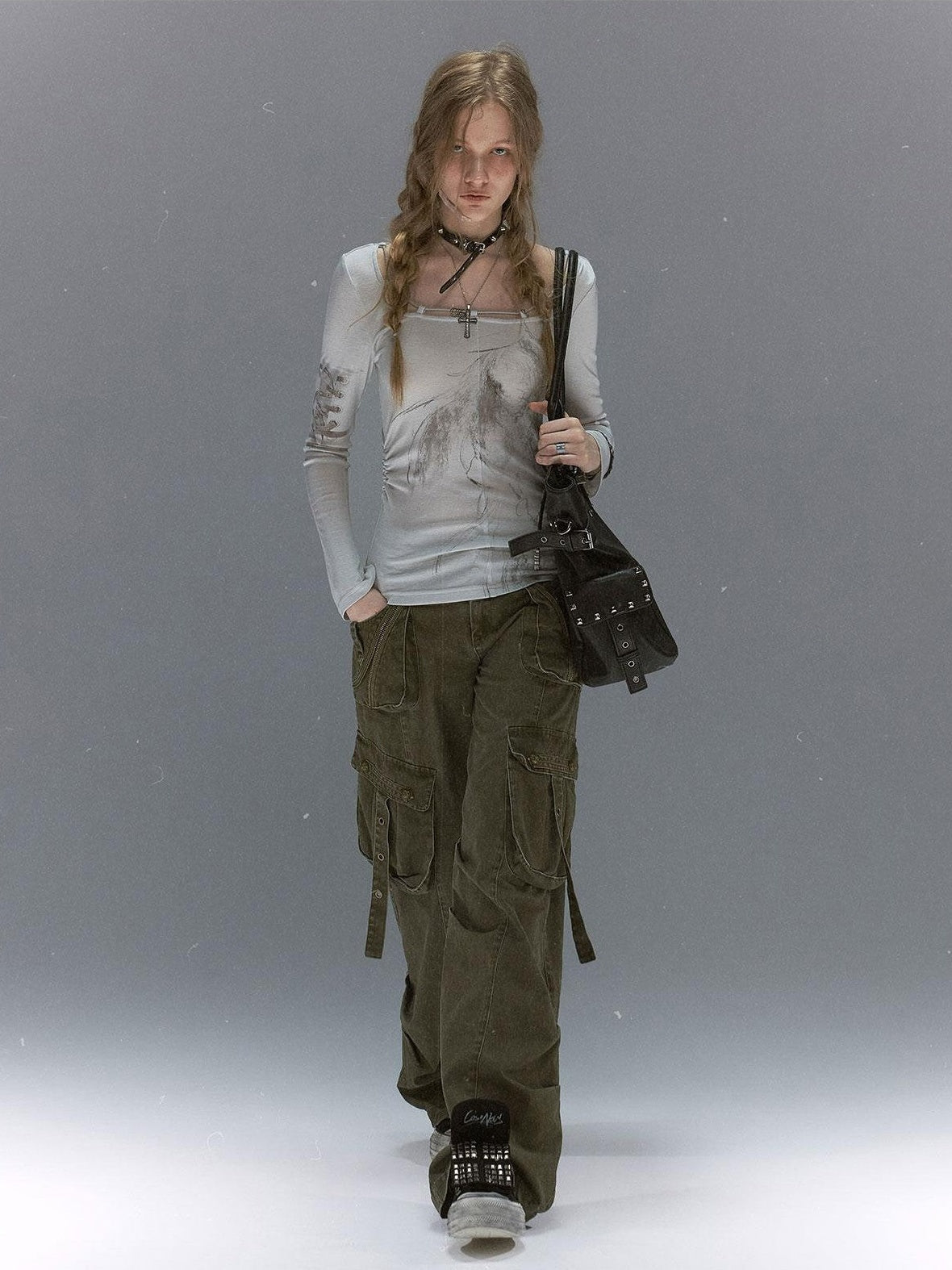 Cest Nous Distressed Multi Pocket Dual Waist Contrast Military Women&