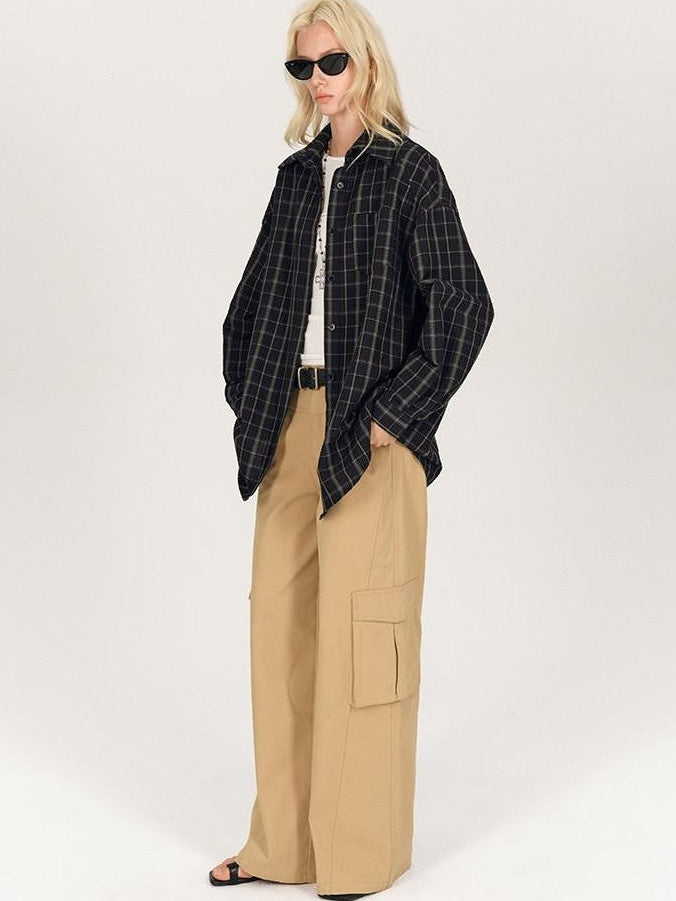 AFTADAWN Soft Textured Plaid Patchwork Collared Loose Women&