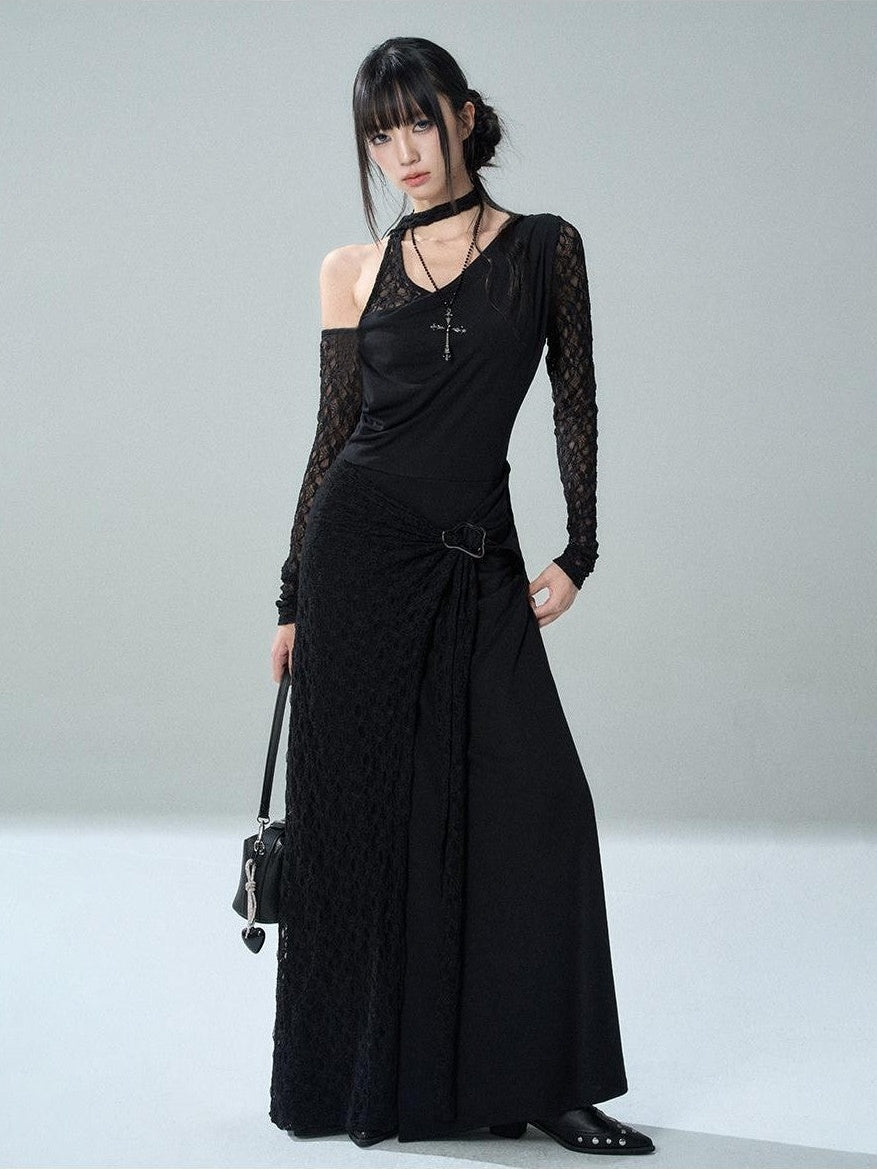 LADYGHOST Black Lace One Shoulder Long Sleeve Women&