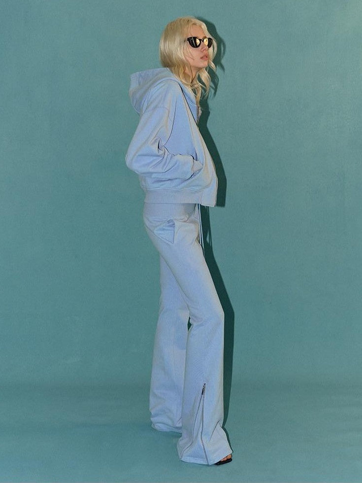 AFTADAWN Solid Hooded Zip Jacket Micro Flare Pants Women&