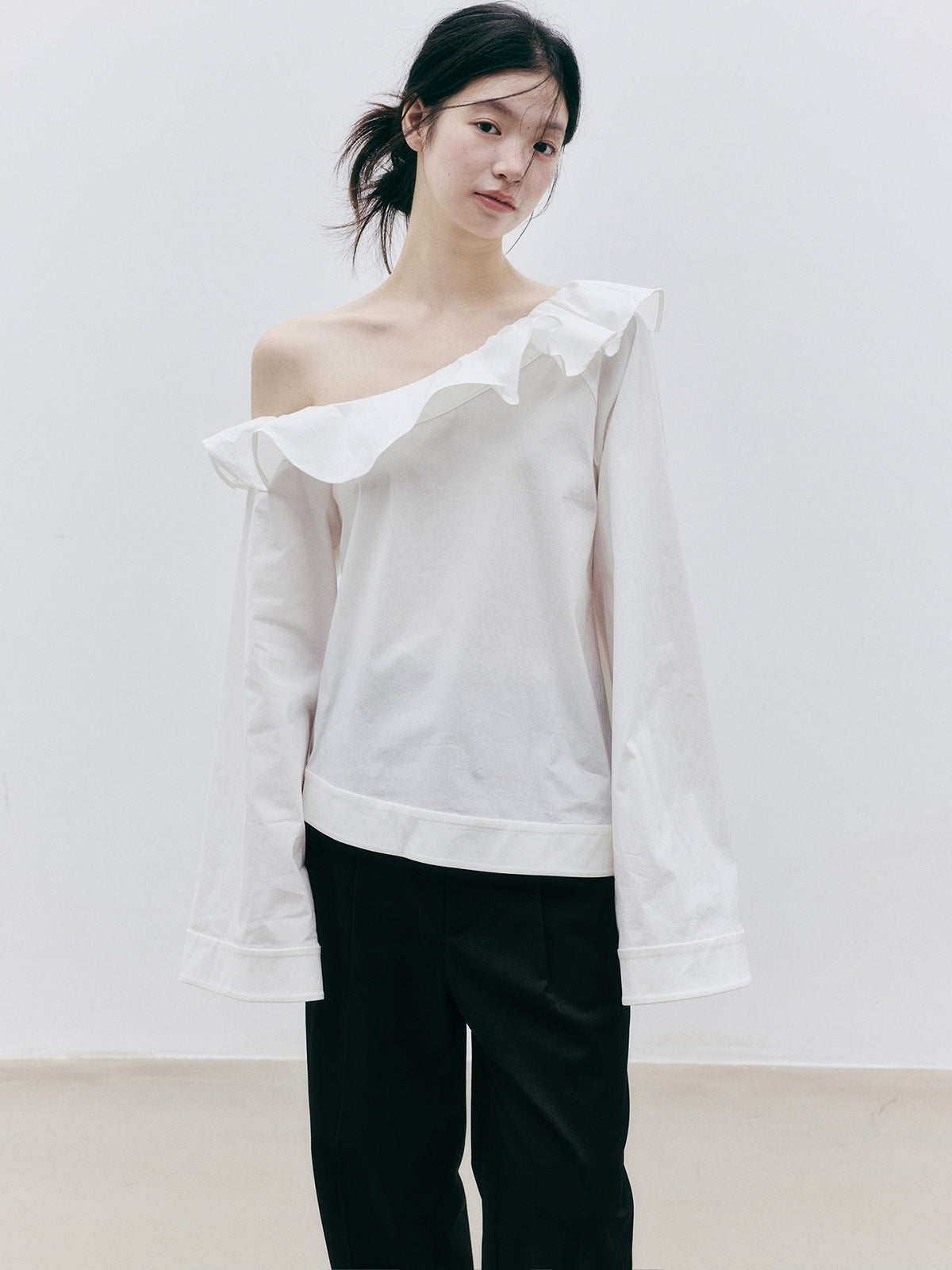 FUSSED_Asymmetric_Ruffle_3d_Cut_Flared_Sleeve_Cotton_Women&