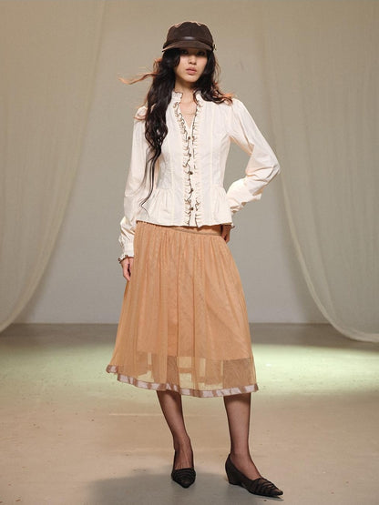 lvetong Beige Bubble Sleeve Ruffle Trim Splice Cinched Waist Women&
