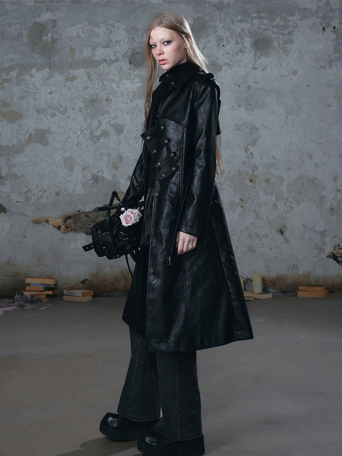 Cest Nous Asymmetric Deconstructed Waist Cinched Long Sleeve Pu Leather Women&