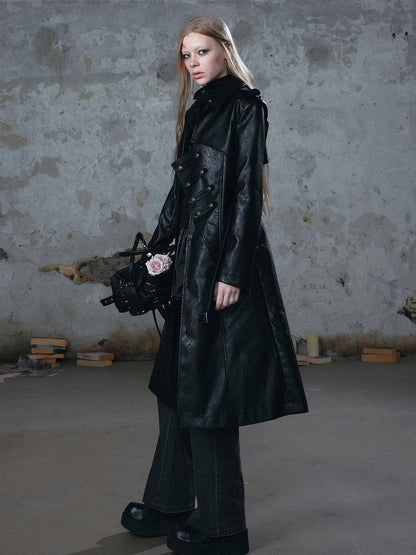 Cest Nous Asymmetric Deconstructed Waist Cinched Long Sleeve Pu Leather Women&