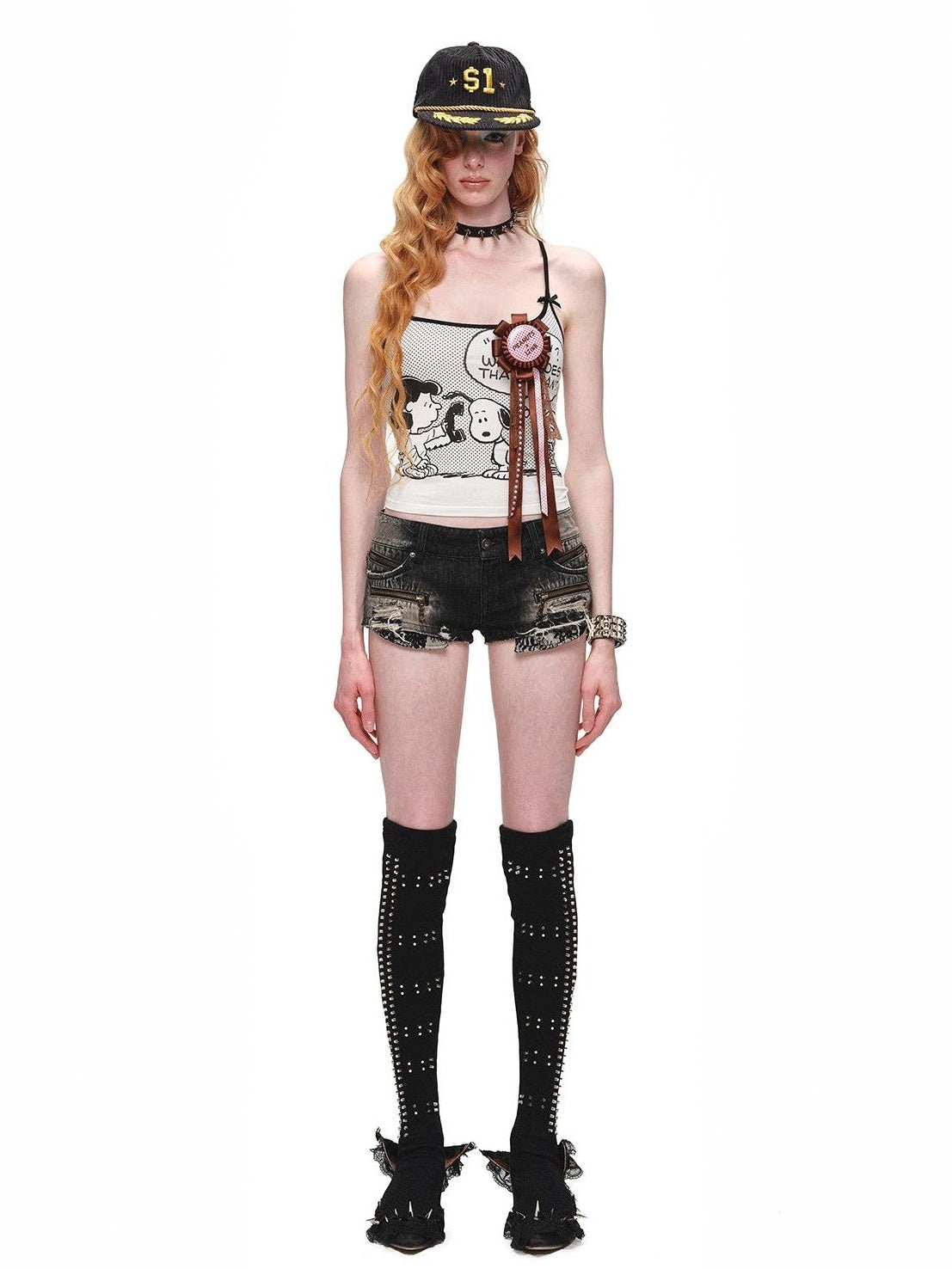 1JINN STUDIO Cartoon Comic Print Spaghetti Strap Fitted Slim Women&