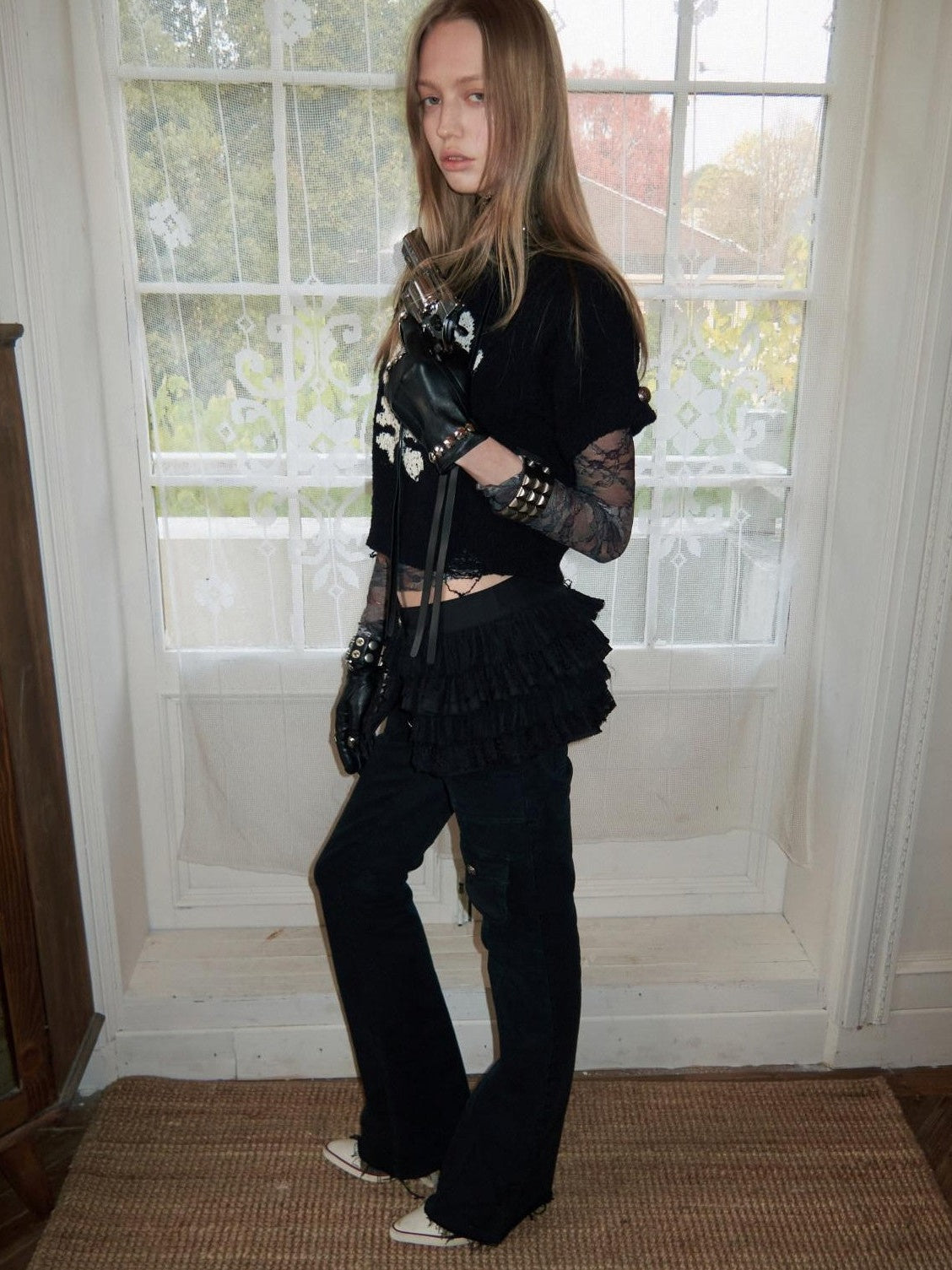 1JINN STUDIO Skull Jacquard Knit Ripped Fitted Punk Women&