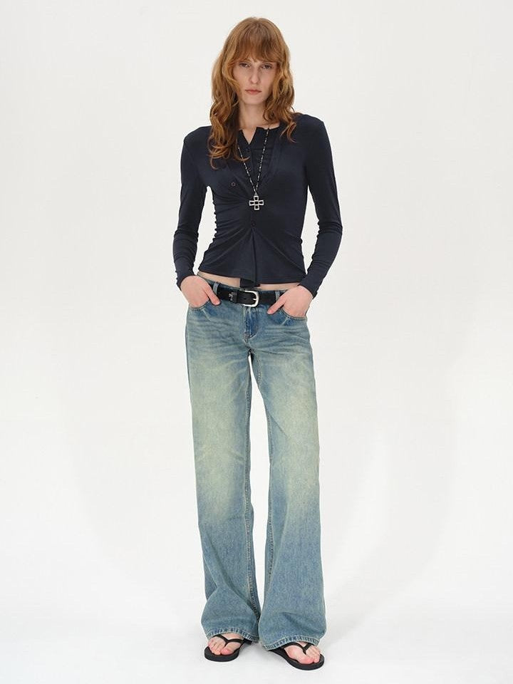 AFTADAWN Irregular Button Placket Faux Layered Women&