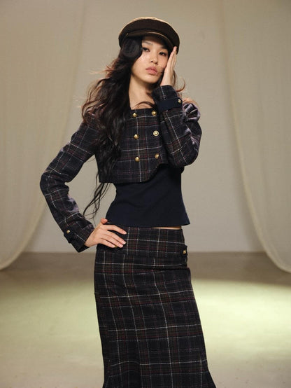 lvetong Plaid Wool Blend Cropped Jacket Long Sleeve Fishtail Skirt Women&