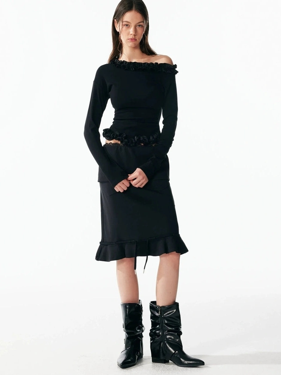 ALINNV Asymmetrical Shoulder Layered Ruffle Slim Fit Tee T-shirt