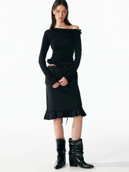 ALINNV Asymmetrical Shoulder Layered Ruffle Slim Fit Tee T-shirt