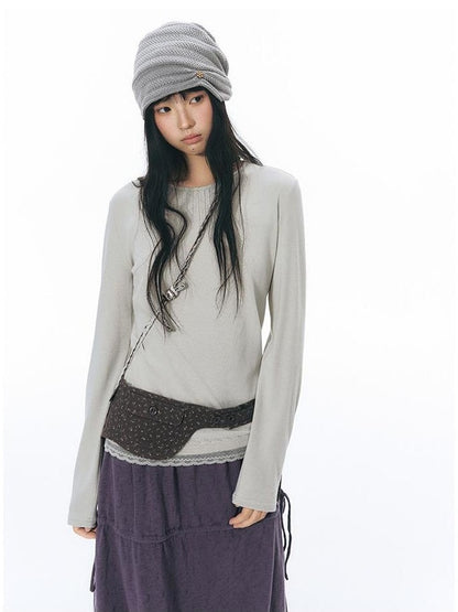 NAPSNAPS Lace Trim Splice Knit Round Neck Women&