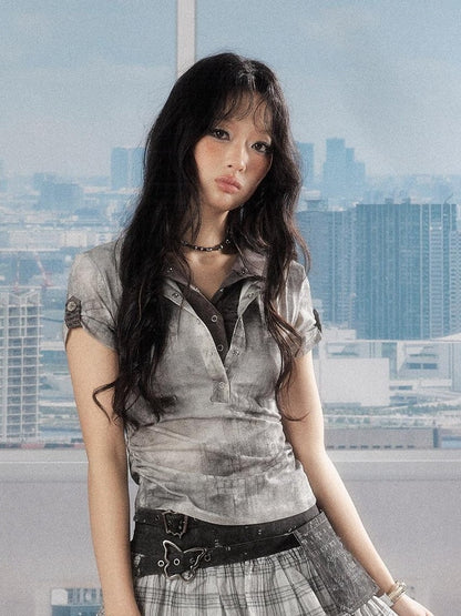 ALL iN plan Slim Waist Casual Zipper Polo Crop Check Gray Women Short Sleeve T-Shirts