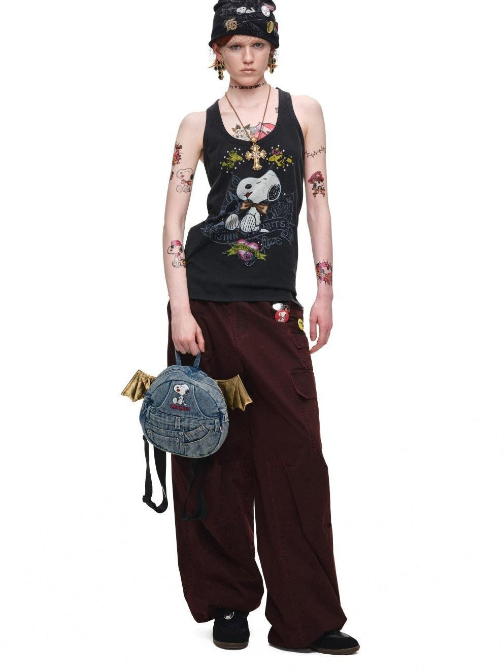 1JINN STUDIO Rhinestone Vintage Print Oversized Round Neck Racerback Women&