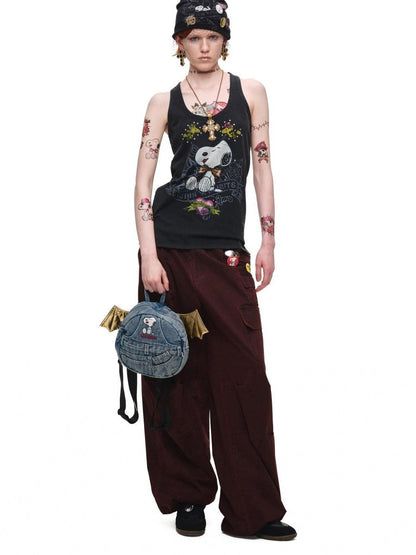 1JINN STUDIO Rhinestone Vintage Print Oversized Round Neck Racerback Women&