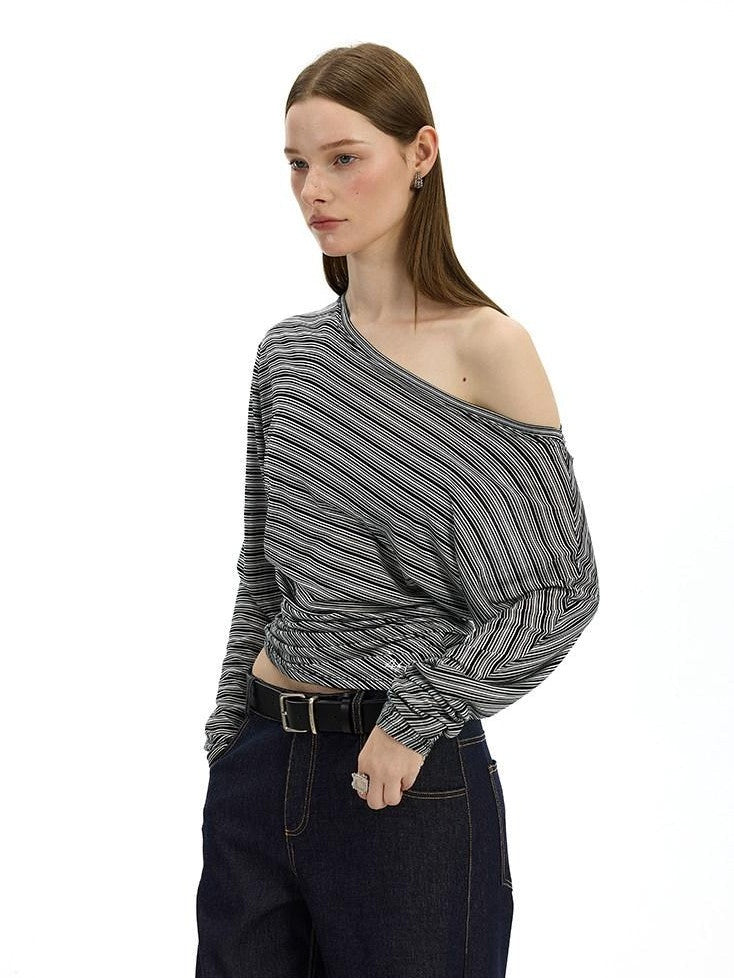 AFTADAWN Striped Asymmetrical One Shoulder Ruched Women&