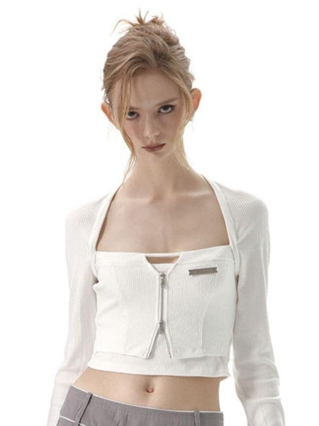 ANYQUESTION Black White Cutout Zipper Halter Knit Faux Layered Women&