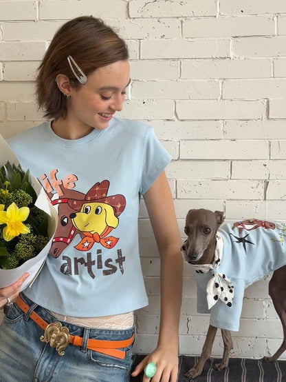 sancco house Denim Puppy Illustration Print Crop Crew Neck Women&