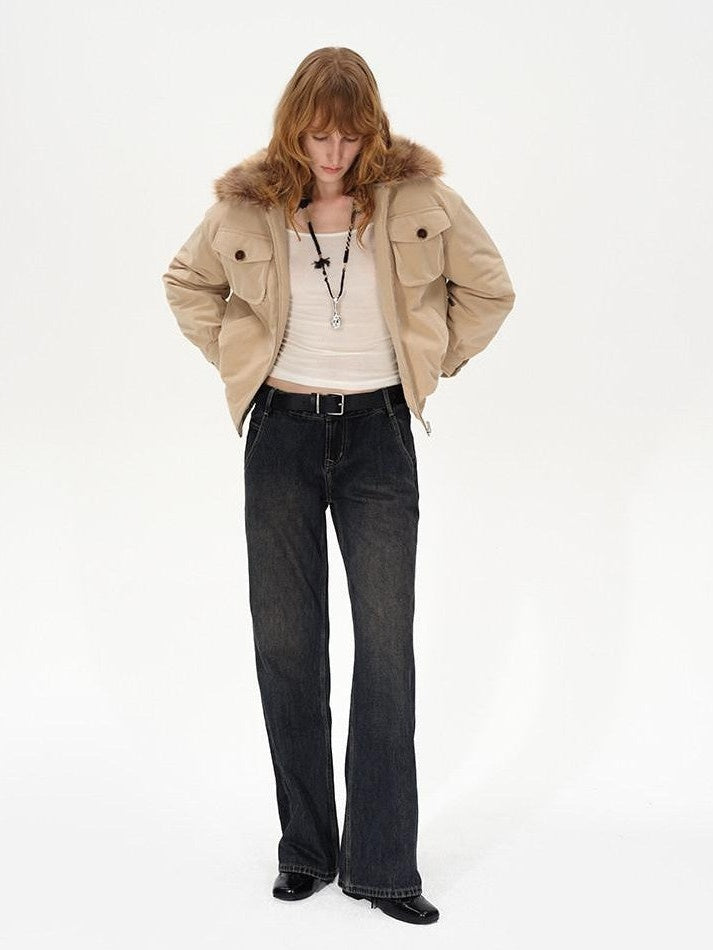 AFTADAWN Khaki Detachable Fur Collar Panelled Women&