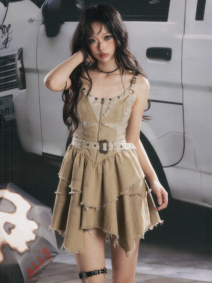 ALL iN plan Muted Yellow Belted Zipper A Line Cami Women&