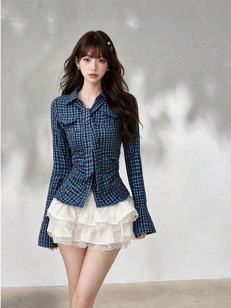 kelly_kitty_Plaid_Polo_Collar_Bell_Sleeve_Fitted_Waist_Women&