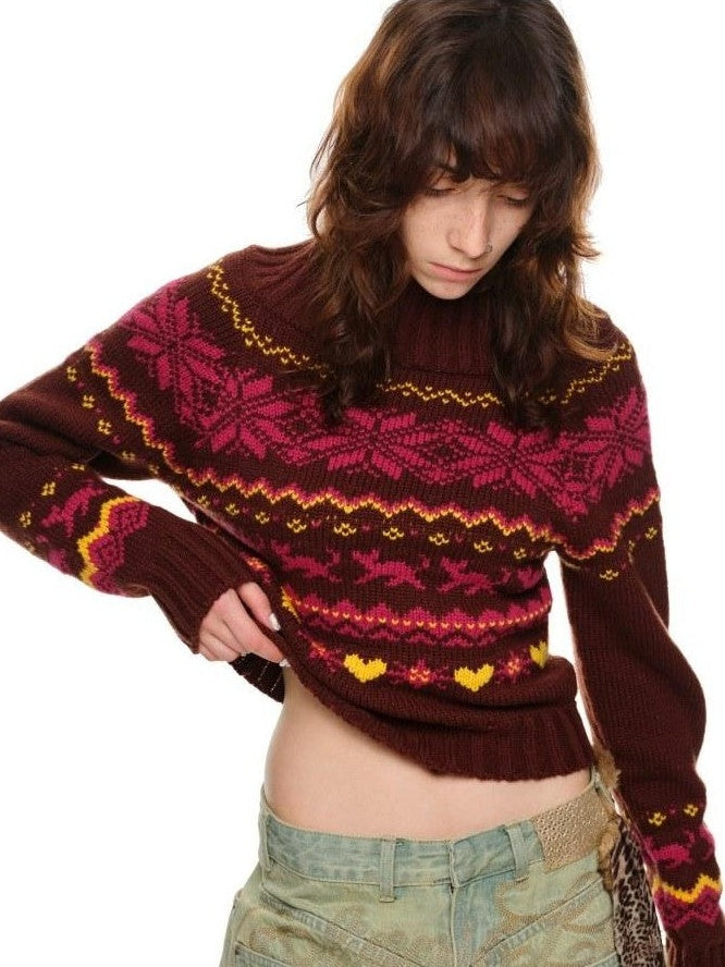 1JINN STUDIO Vintage Chunky Knit Fair Isle Christmas Women&