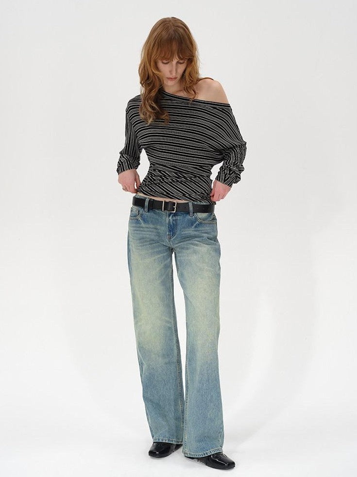 AFTADAWN Ruched Asymmetric Neck Striped Women&