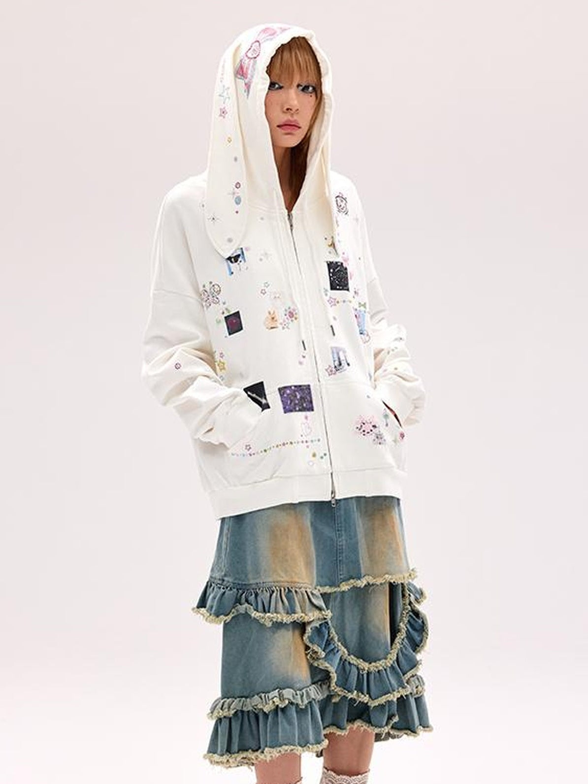 CFIERCE Embroidered Rabbit Ear Hoodie With Rhinestone Details