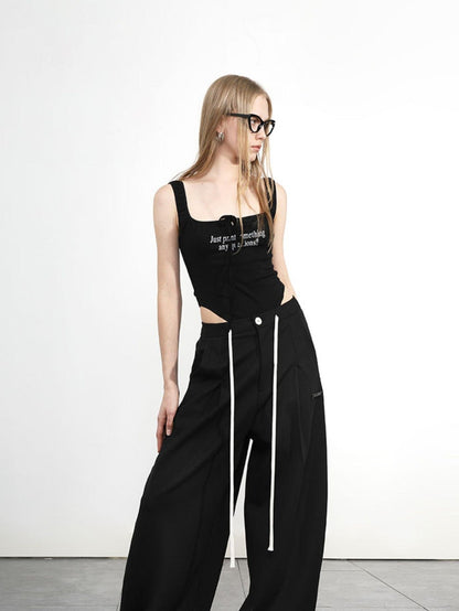 ANYQUESTION Black And White Ruched Letter Print High Cut Tie Women&