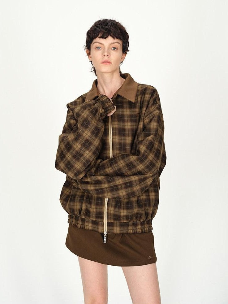 AFTADAWN Contrast Leather Collar Embroidered Reversible Plaid Women&