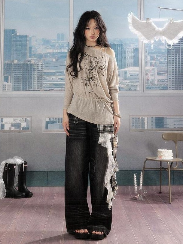 ALL iN plan Uv Protective Loose A Line Sleeve Slanted Neck Women Khaki Long Sleeve T-Shirts