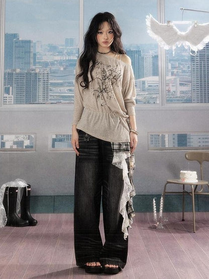 ALL iN plan Uv Protective Loose A Line Sleeve Slanted Neck Women Khaki Long Sleeve T-Shirts