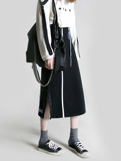 ANYQUESTION_Black_Contrast_Stitch_Panel_Striped_Side_Snap_Tie_Women&