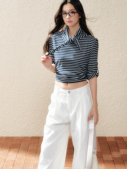 7Shiftin Two Tone Asymmetric Cropped Striped Women&