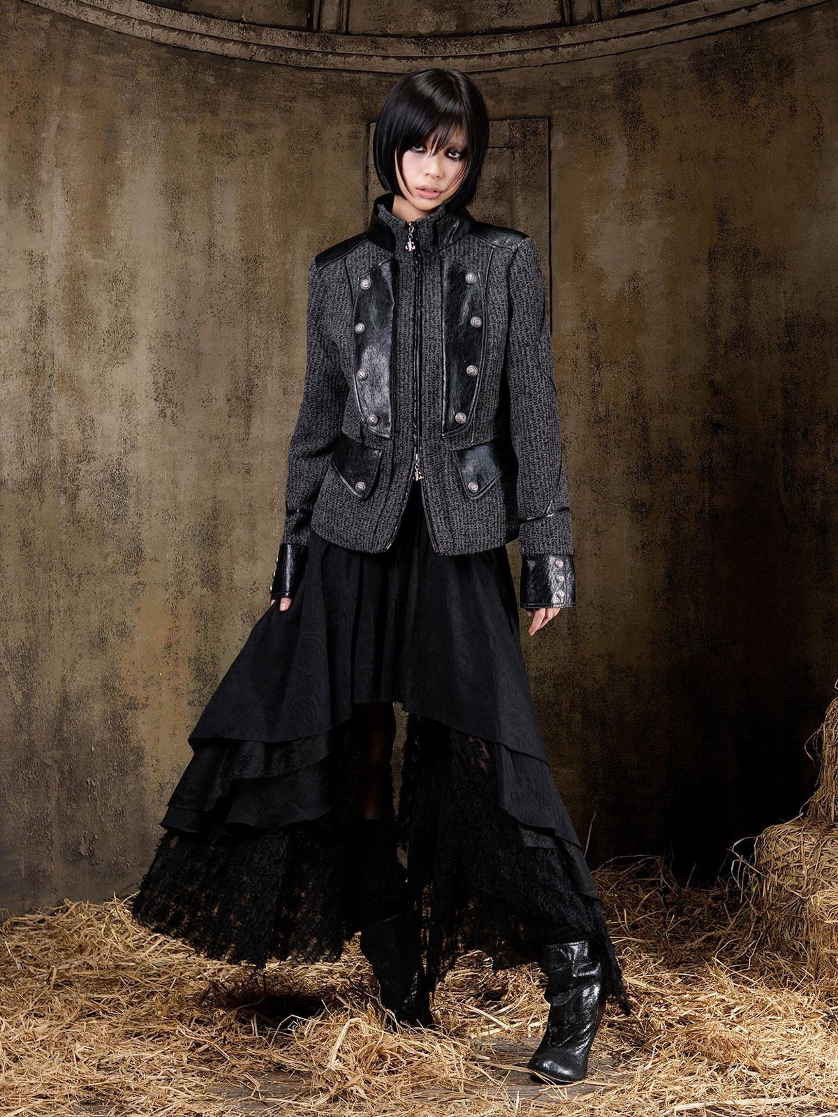 ARIADNAw Layered Gothic Aline Patchwork Midrise Black Beige Midi Skirt