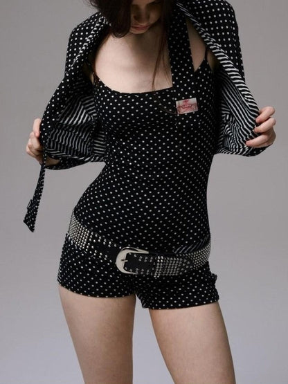 1JINN STUDIO Polka Dot Striped Reversible Spaghetti Jumpsuit Short Cover Women&