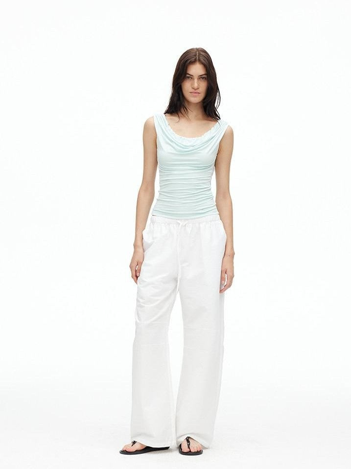AFTADAWN Cooling Silky Backless Cowl Neck Detachable Chain Ruched Women&