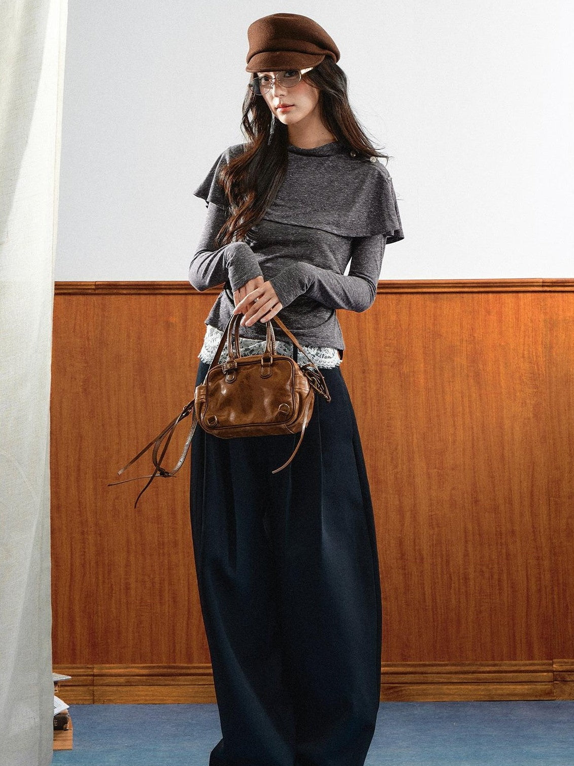 7Shiftin Double Collar Shirred Shoulder Women&