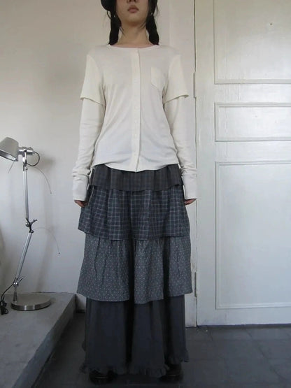 ang project Vintage Checkered Polka Dot Tiered Ruffle Skirt Skirt